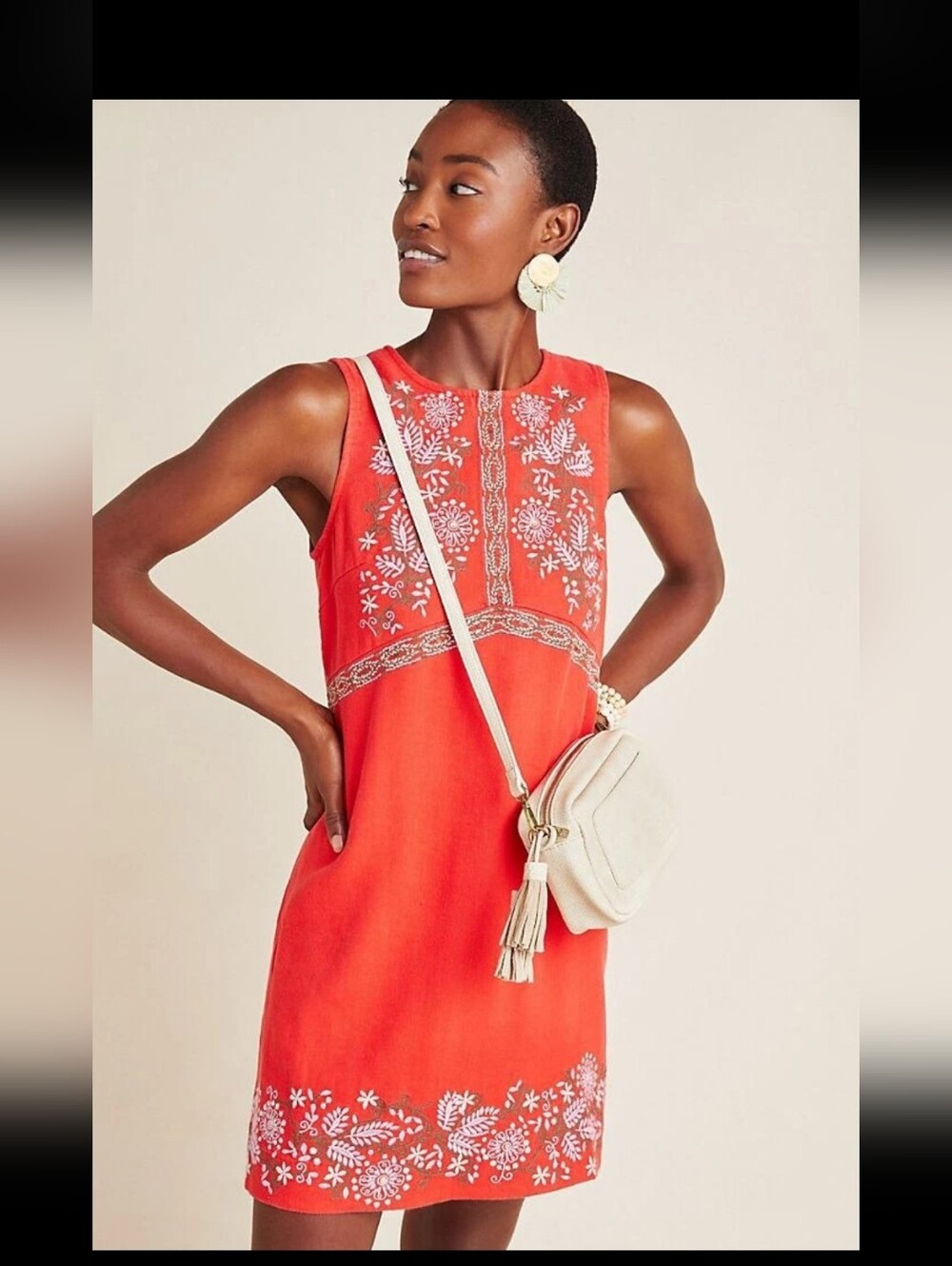 Anthropologie Red Sleeveless Dress With Embroidery Detail.
